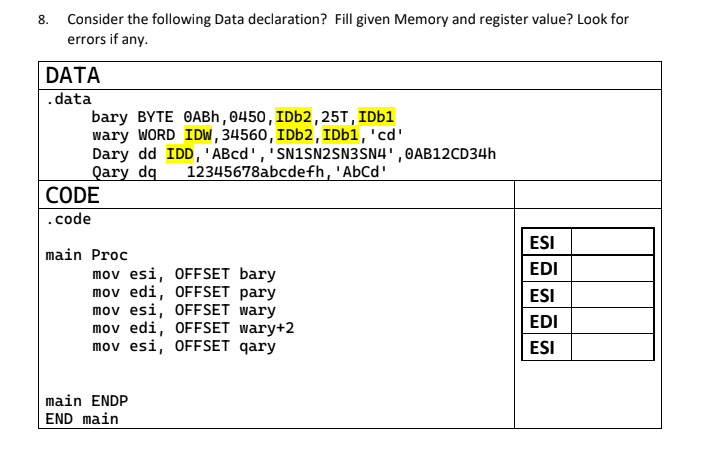  Consider the following Data declaration? Fill given Memory and register value?