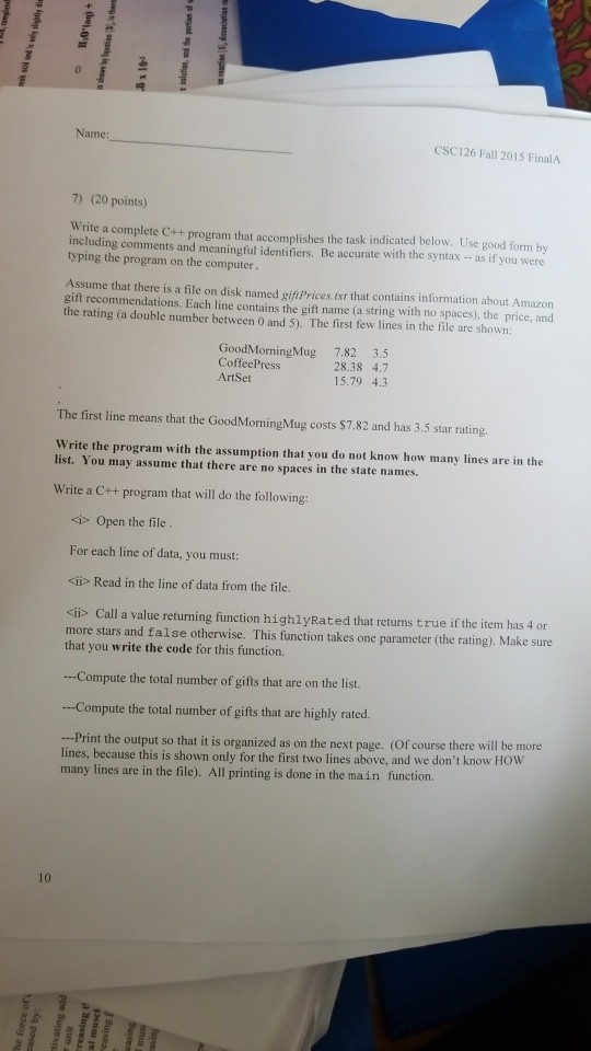  Name CSC 126 Fall 2015 FinalA 7 20 points Write a