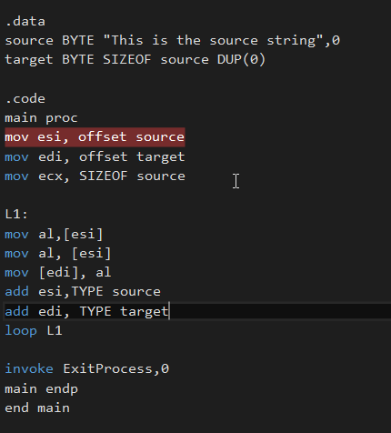  This is valid assembly code to copy a string from a