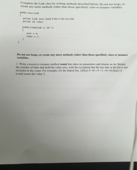  Complete the Link class by writing methods described below. Do not