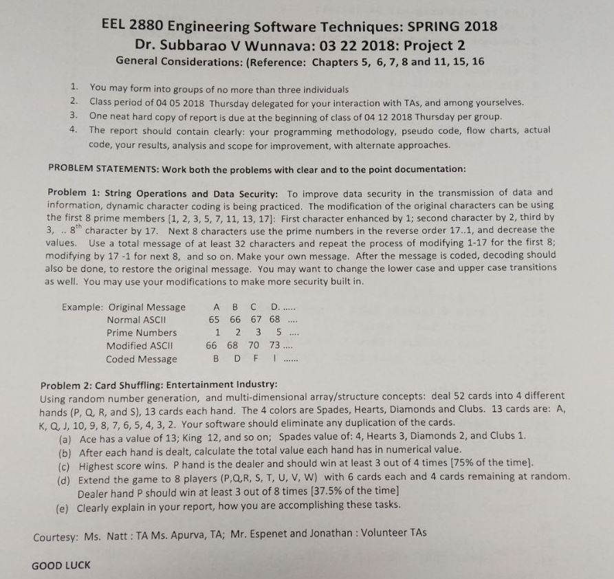 Also, the computer language is C EEL 2880 Engineering Software Techniques: SPRING