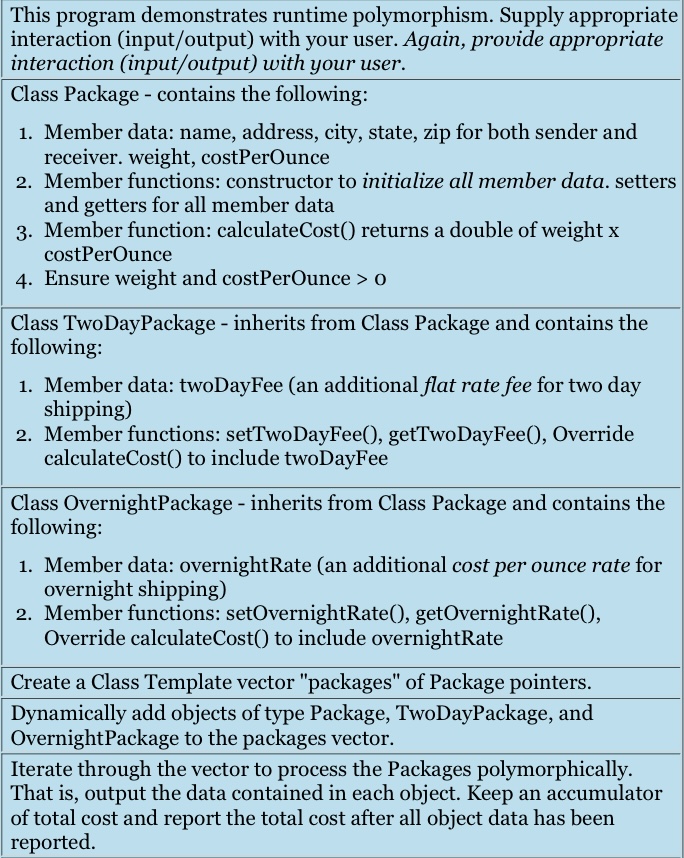 C++. With comments please! This program demonstrates runtime polymorphism. Supply appropriate interaction