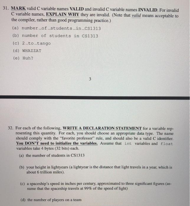  31. MARK valid C variable names VALID and invalid C variable