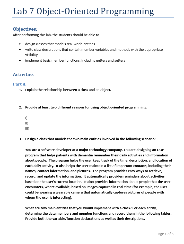  Lab 7 Object-Oriented Programming Objectives: After performing this lab, the students
