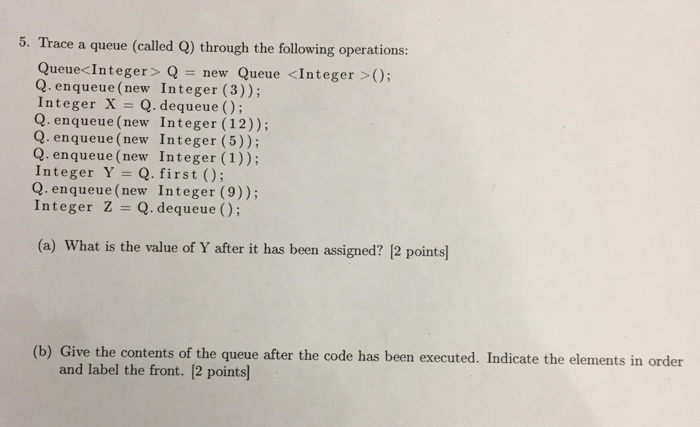  Trace a queue (called Q) through the following operations: Queue Q