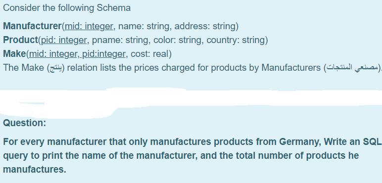 Consider the following Schema Manufacturer(mid: integer, name: string, address: string) Product(pid:
