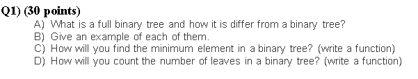  Q1) (30 points) A) What is a full binary tree and