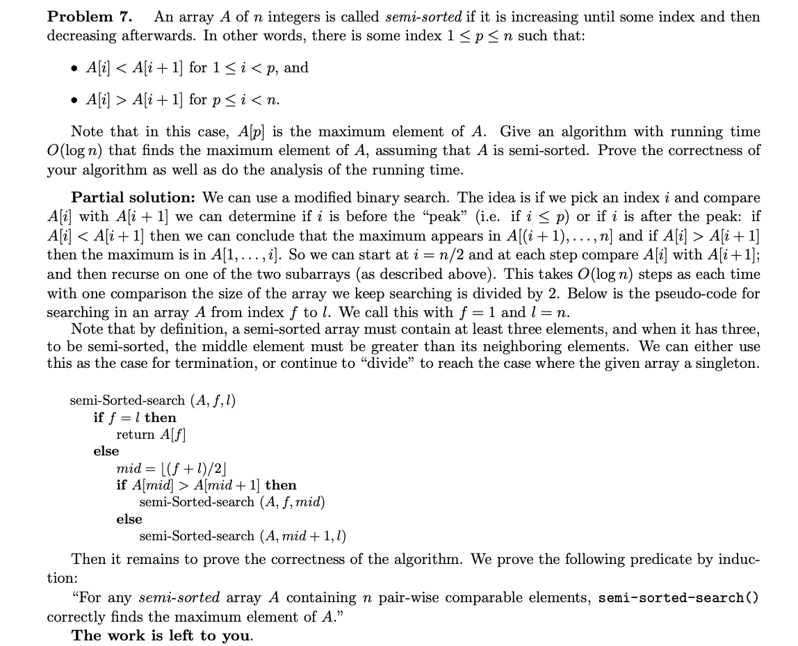  Problem 7. An array A of n integers is called semi-sorted