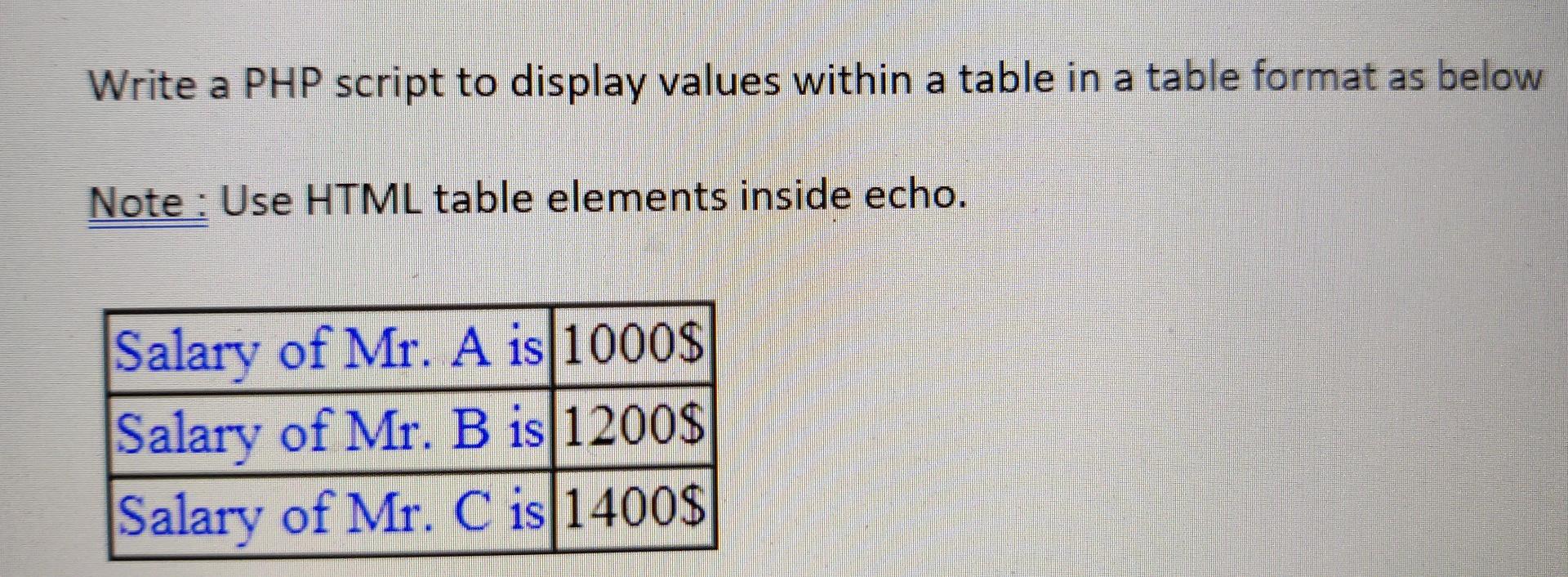  provide the code Write a PHP script to display values within