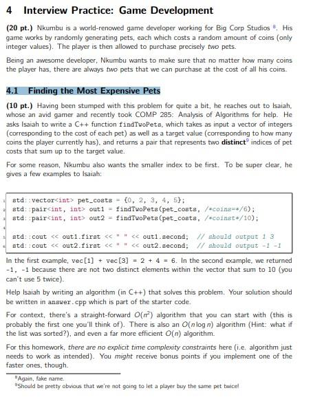 Please Implement the algorithm findTwoPets in C++, Also provide the time complexity