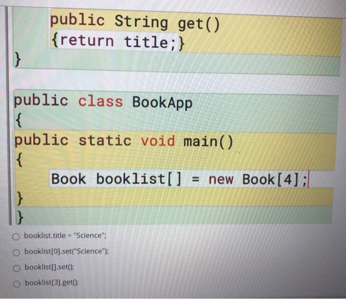 into booklist. class Book { private String title; public void set(String t)
