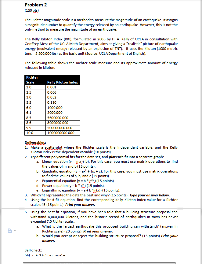 It is a Matlab question Problem 2 (150 pts) The Richter magnitude