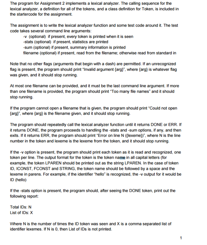  The program for Assignment 2 implements a lexical analyzer. The calling