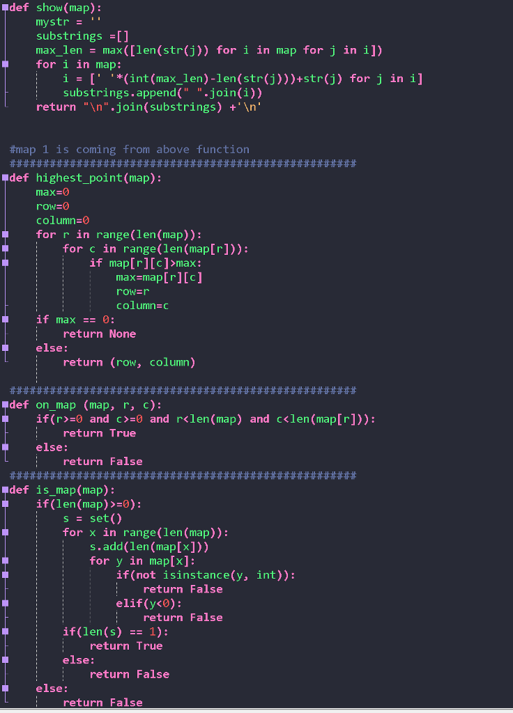 PYTHON 3.6 def on_ridge(map, r, c): Given a map and a location,