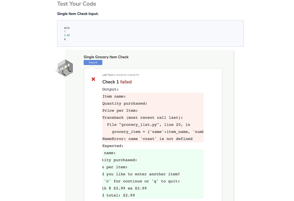 #Task: Create the empty data structure grocery_history = list() #Variable used to