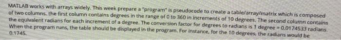  MATLAB works with arrays widely. This week prepare a "program is