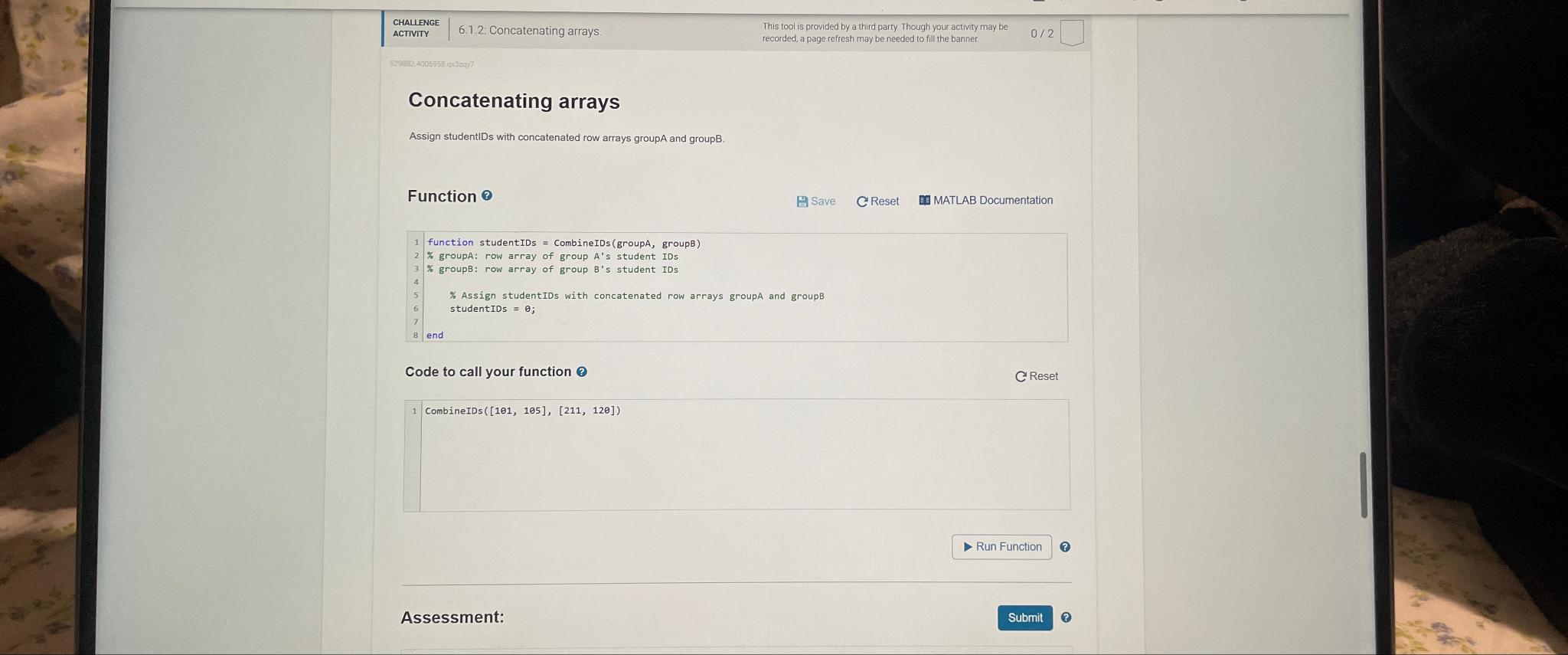 CHALENGE ACTIVITY 6.1.2: Concatenating arrays This tool is provided by a
