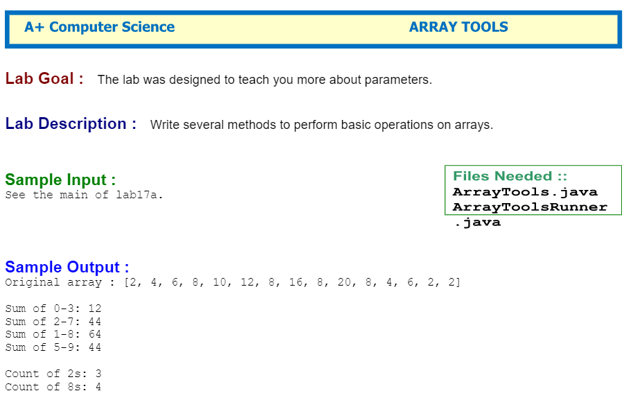 Please write code in Java using the following templates //ArrayTools.java public class