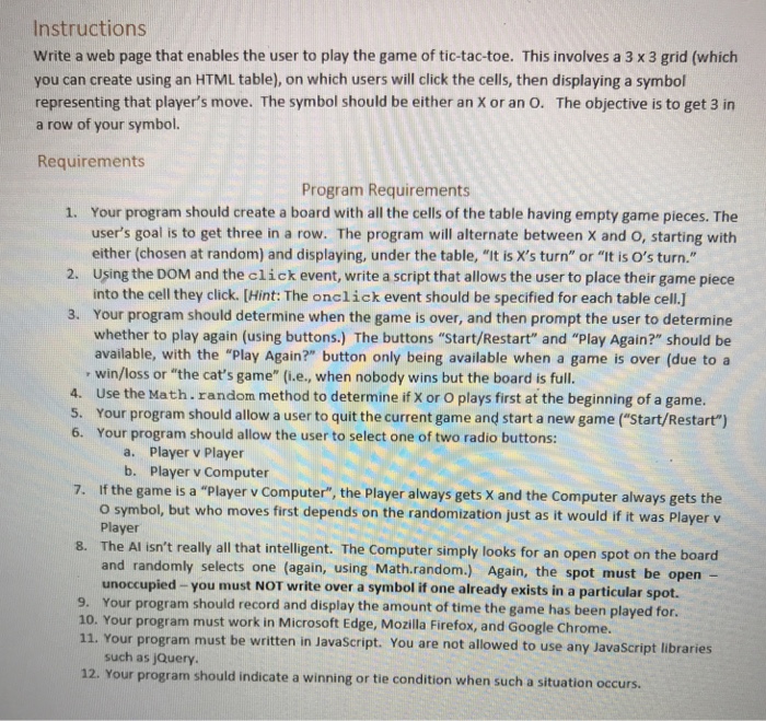  Instructions Write a web page that enables the user to play
