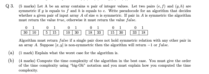 Q3. (5 marks) Let A be an array contains n pair