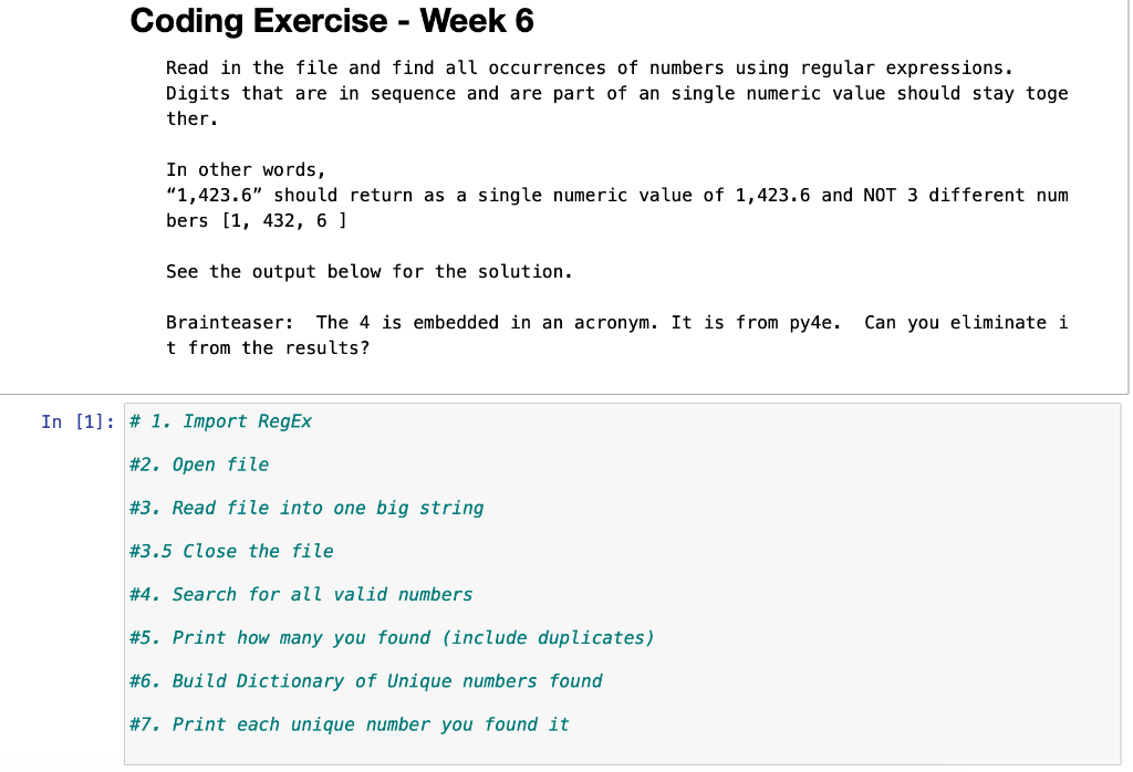 Coding Exercise - Week 6 Read in the file and find