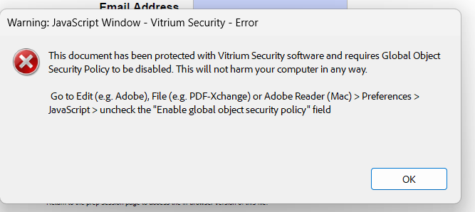  Fmail Dddrece Warning: JavaScript Window - Vitrium Security - Error This