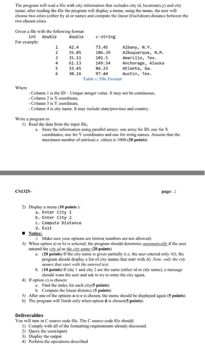  The program will read a file with city information that includes