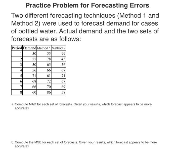  Practice Problem for Forecasting Errors Two different forecasting techniques (Method 1
