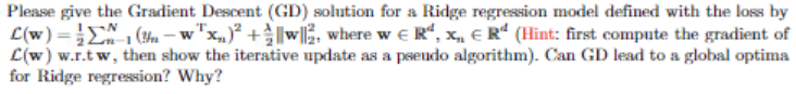  Please give the Gradient Descent (GD) solution for a Ridge regression