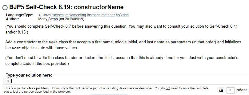  BJP5 Self-Check 8.19: constructorName Language Type: 4 Java classes implementing instance