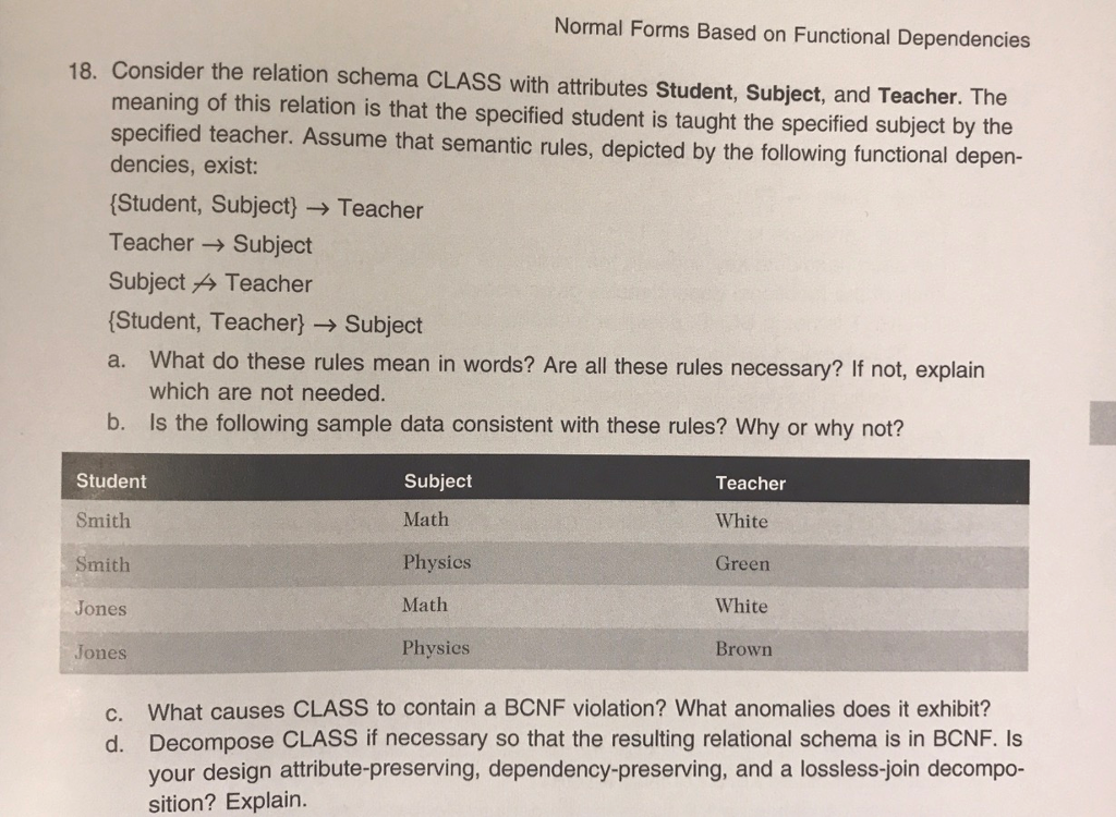  18. Consider the relation schema CLASS with attributes Student, Subject, and