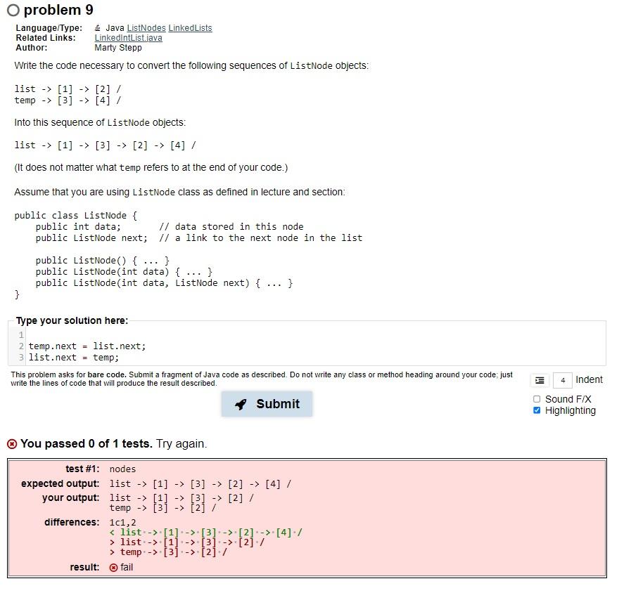  I'm stuck Language/Type: Java ListNodes LinkedLists Related Links: LinkedlntList.java Author: Write