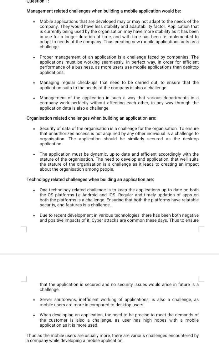 Question 1: Management related challenges when building a mobile application would