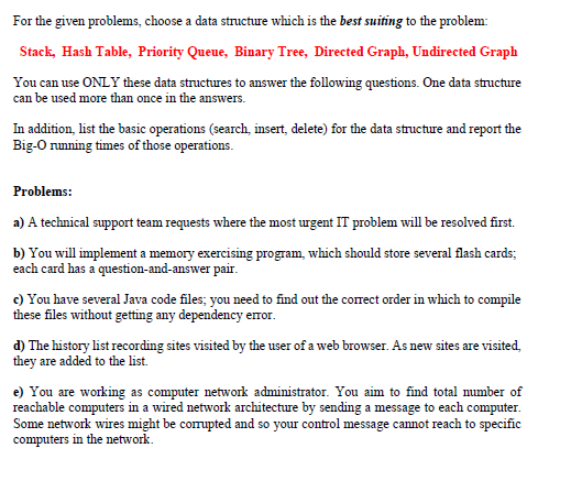  For the given problems, choose a data structure which is the