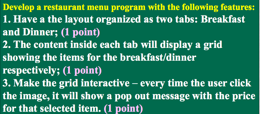 I need help developing a restaurant menu with the below features: Develop