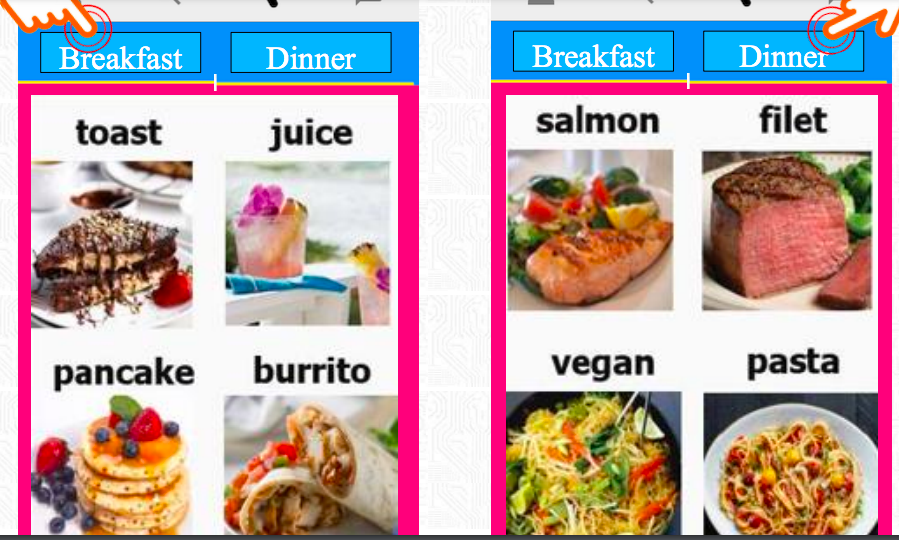 layout organized as two tabs: Breakfast and Dinner; (1 point) 2. The