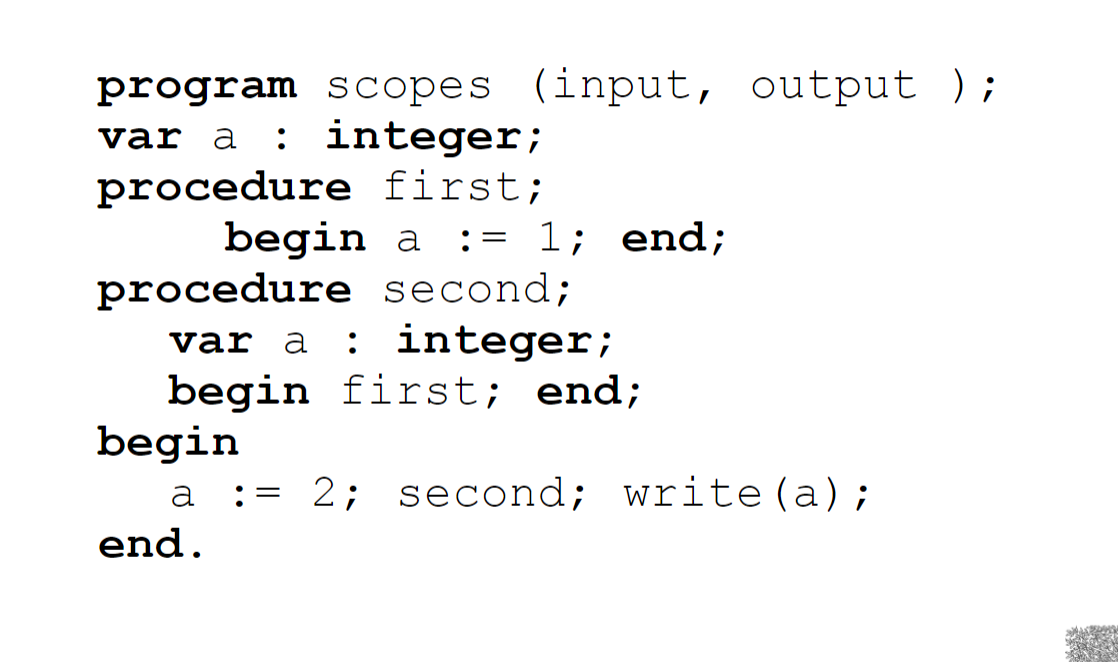 Given program - draw stack frame showing dynamic and static scope link.