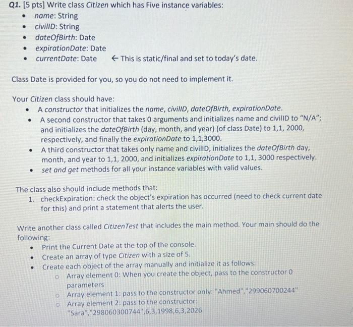 java program Q1. [5 pts] Write class Citizen which has Five instance