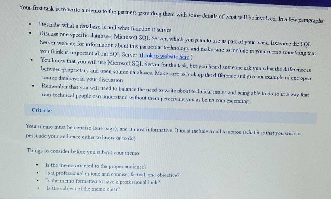 Your first task is to write a memo to the partners