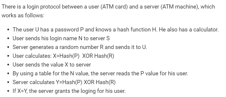 There is a login protocol between a user (ATM card) and