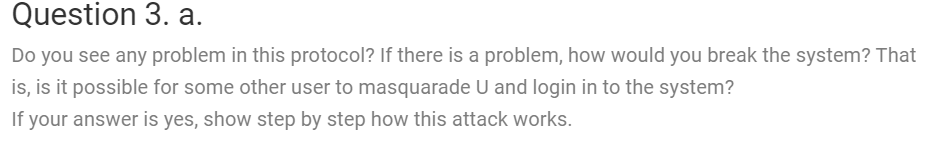 a server (ATM machine), which works as follows: The user U has