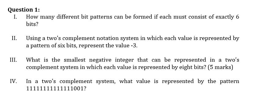  Question 1: I. How many different bit patterns can be formed