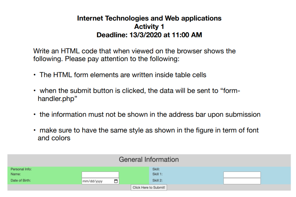 Please in HTML file Internet Technologies and Web applications Activity 1 Deadline: