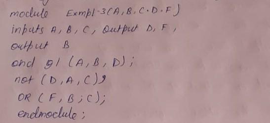 draw circuit represented by code moclule Exmpl-3 (A, B, C.D.F) inputs A,