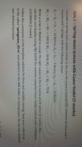 please write code on Matlab using Gauss Siedel Method. spring system