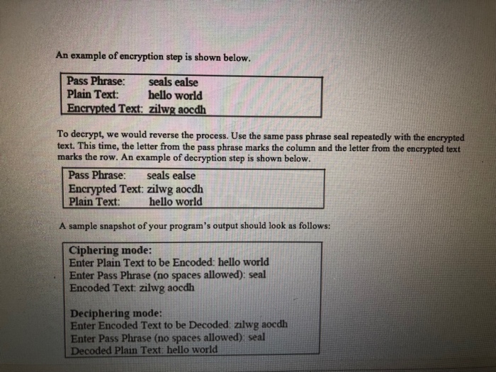 deciphering schemes. The Vignere cipher uses a pass phrase to encrypt and