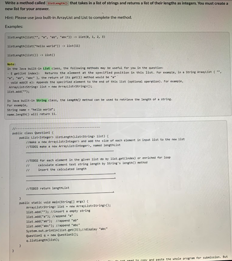 IN JAVA PLEASE! Write a method called listlength() that takes in a