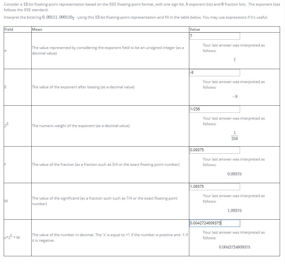 are these right Consider a 12-bit floating-point representation based on the IEEE