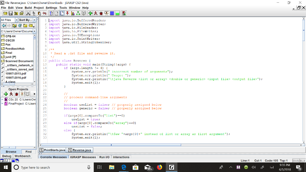  GFile: Reverjava CUsersOwne Downloads- jGRASP CSD (ava) File Edit View Build