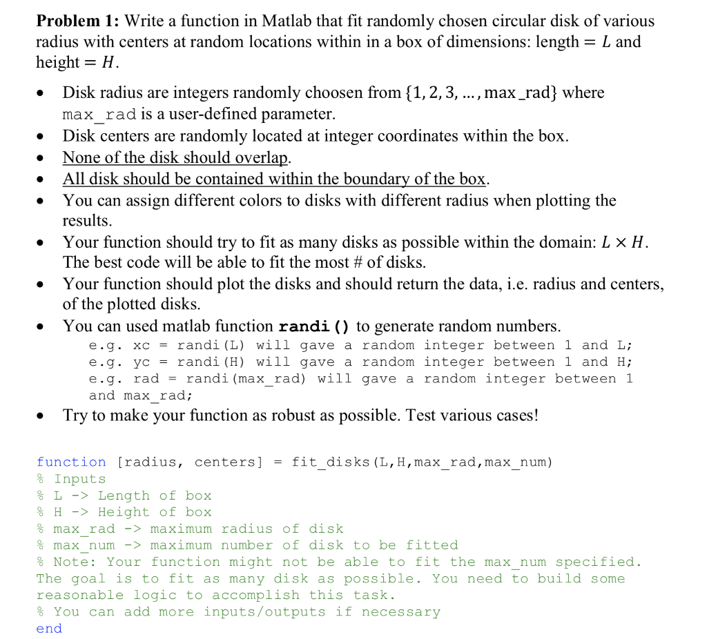  Problem 1: Write a function in Matlab that fit randomly chosen